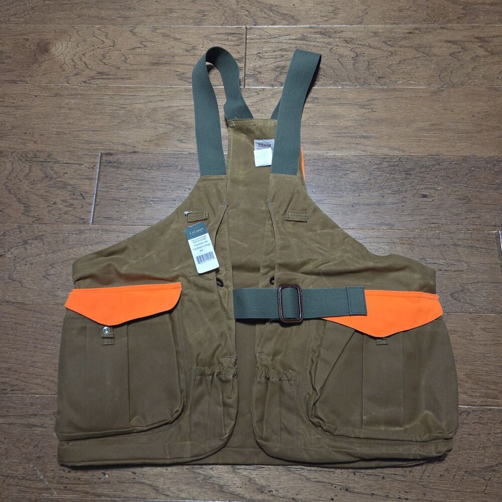 New Vtg Filson Tin Cloth Game Bag Hunting Vest Dark Tan Blaze Orange USA 16034